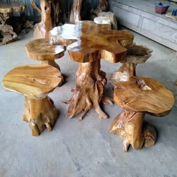 Teak Root Table and Chair Set